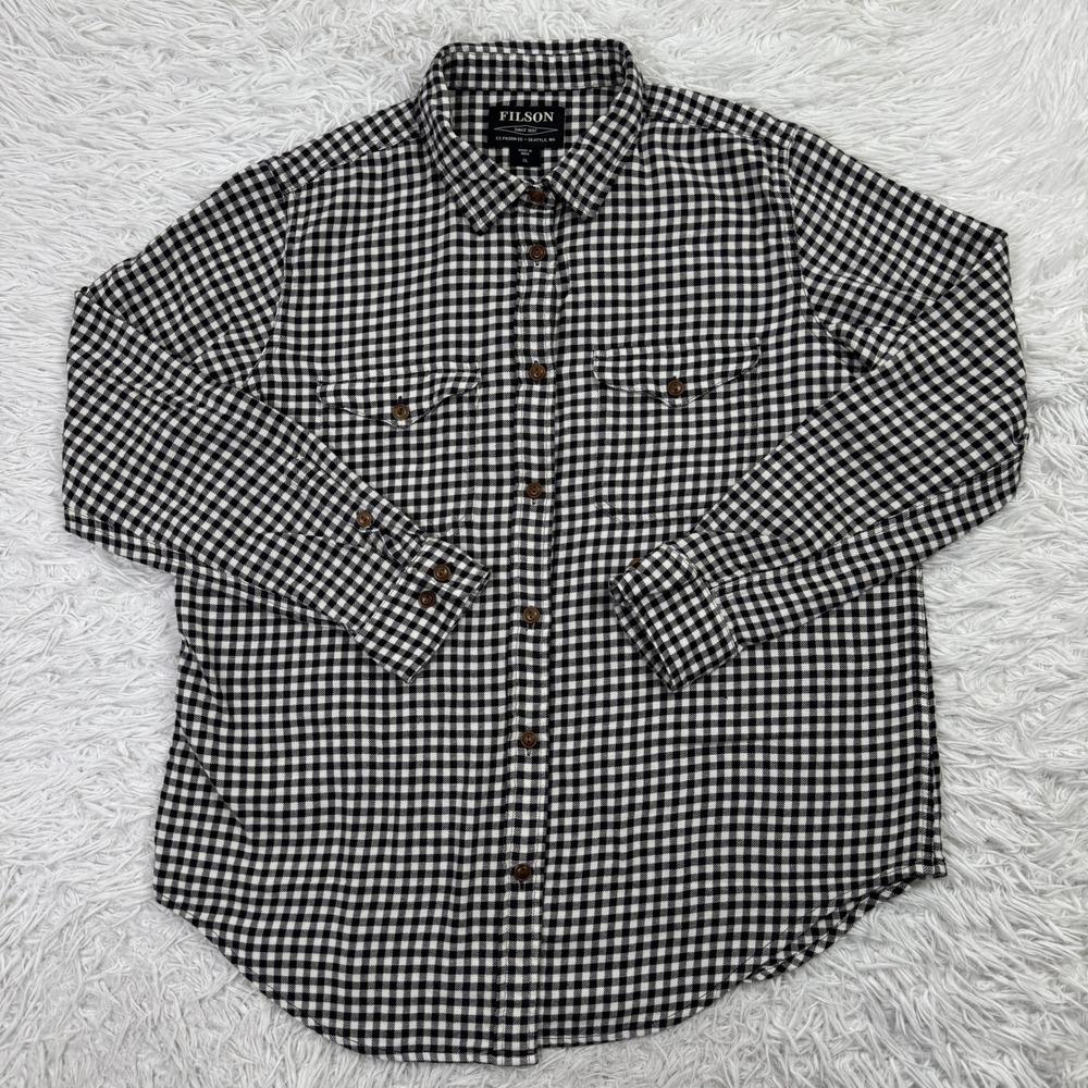Filson Shirt Womens XL Black White Gingham Check Flannel Scout Button Up Pocket